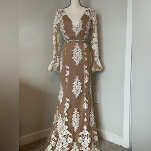 Fashion Nova Nude and White Floral Long Sleeve Dress